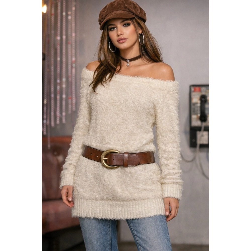 off-the-shoulder fuzzy tunic sweater